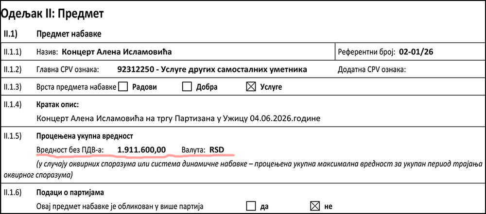 Užička vlast plaća 20.000 evra za koncert Alena Islamovića, a nema para za decu učesnike Festivala inkluzije 3 Cena Izvor APR